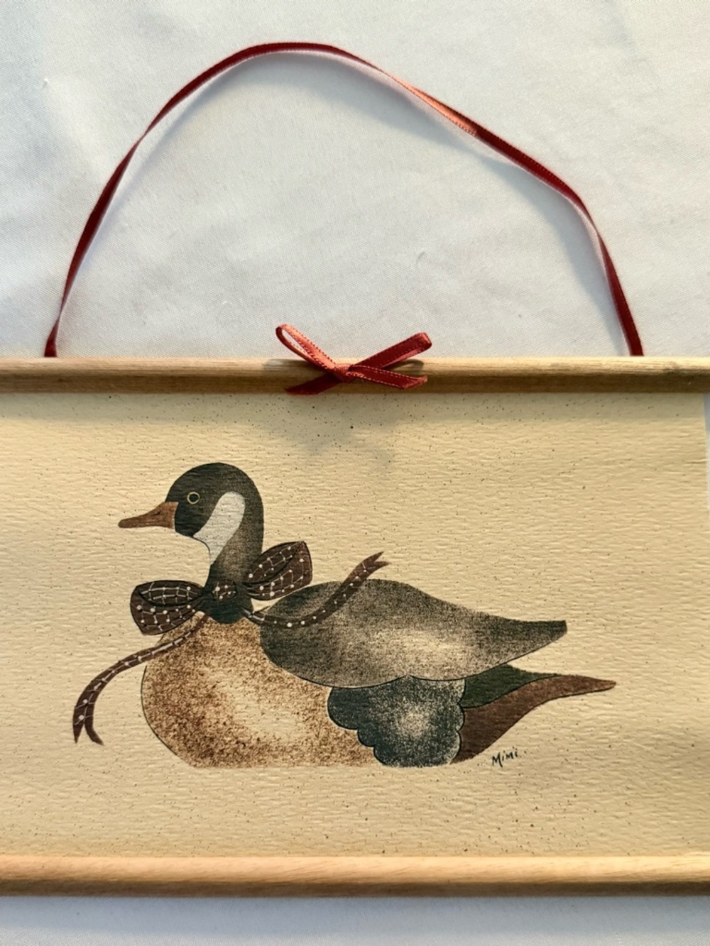 Vintage American Folk Art Mallard Duck Hanging Wood Scroll Signed Mimi 7 1/2 X 5